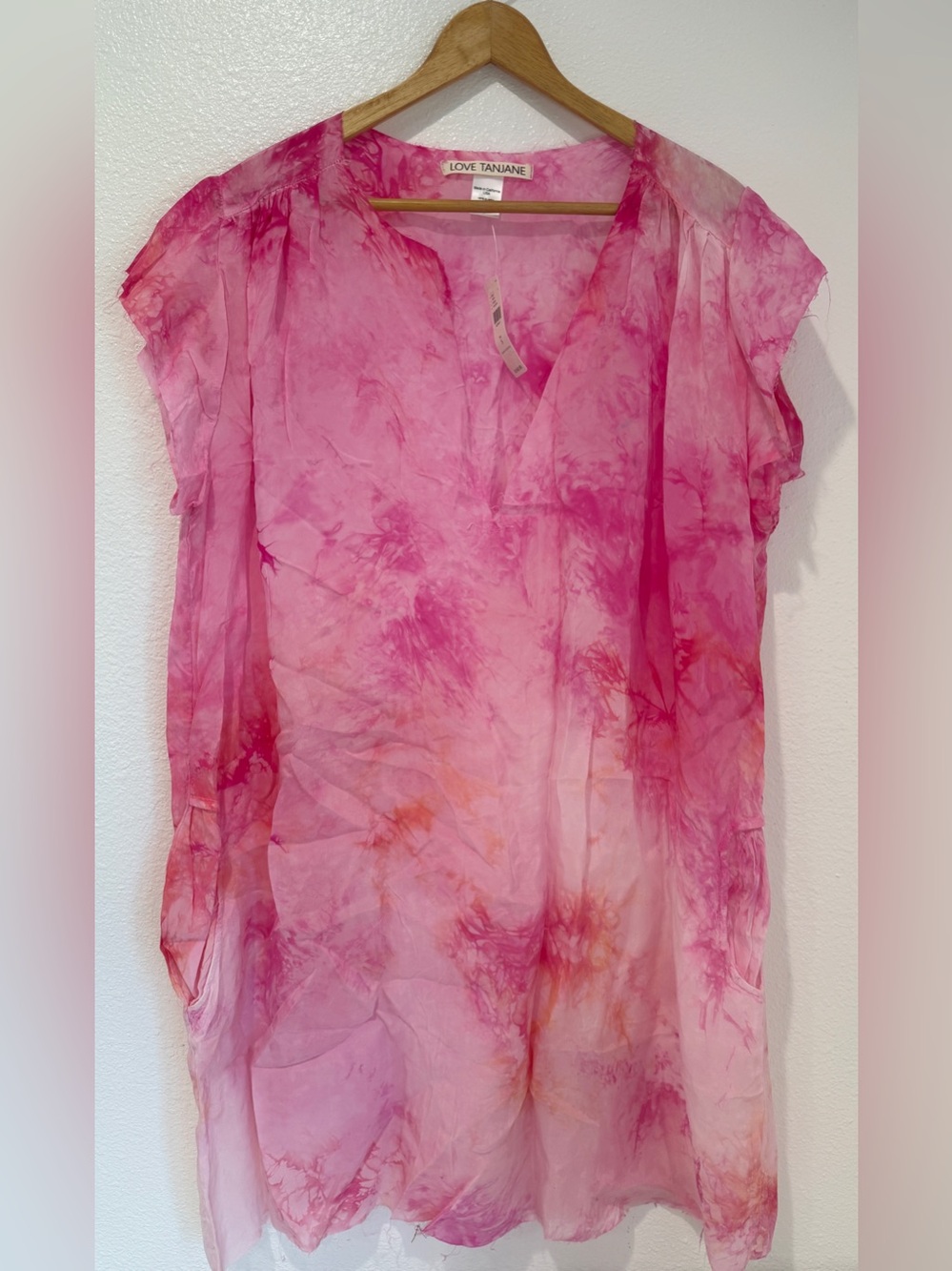 NWT Love Tanjane Anthropologie Pink Tie Dye Cupro Nico Tunic V Neck Mini Dress S
